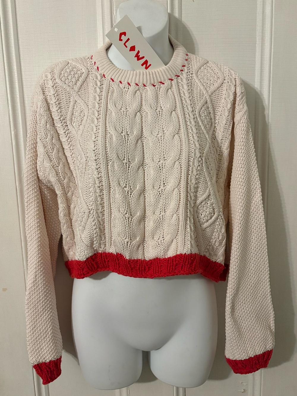 100% cotton cropped cable knit sweater upcycled with hand knit detail medium